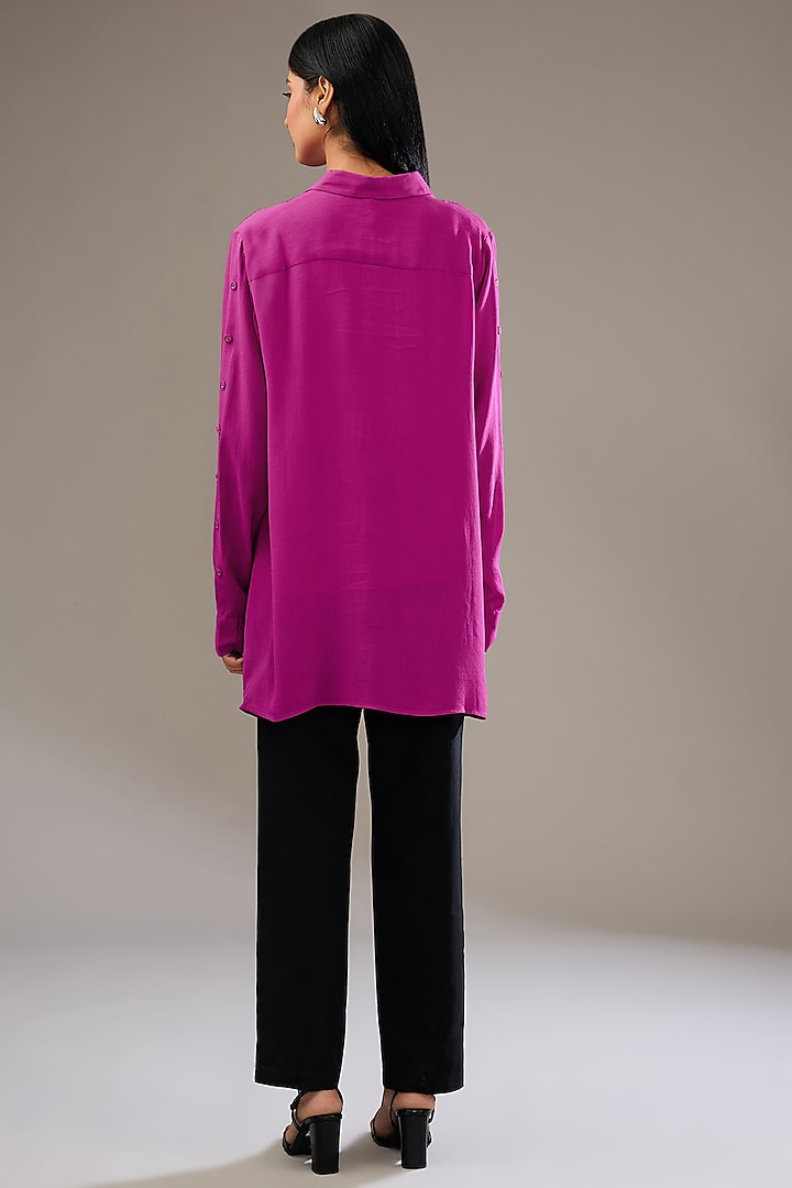 Ruby Pink Satin Linen Hand & Machine Embellished Shirt by Namrata Joshipura at Pernia's Pop Up Shop