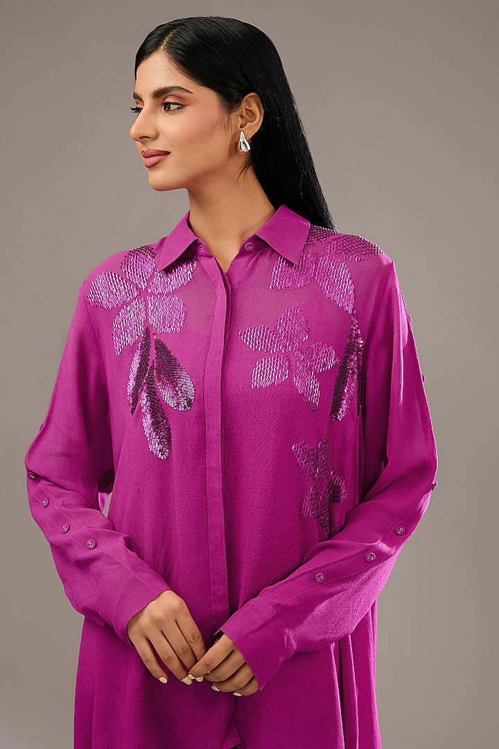 Ruby Pink Satin Linen Hand & Machine Embellished Shirt by Namrata Joshipura at Pernia's Pop Up Shop