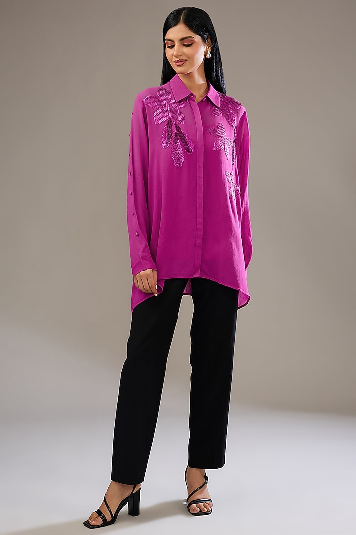 Ruby Pink Satin Linen Hand & Machine Embellished Shirt by Namrata Joshipura at Pernia's Pop Up Shop
