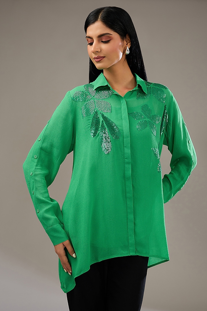 Green Georgette Hand & Machine Embellished Shirt by Namrata Joshipura at Pernia's Pop Up Shop