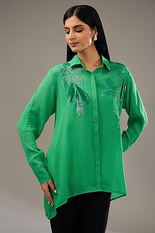 Green Georgette Hand & Machine Embellished Shirt by Namrata Joshipura
