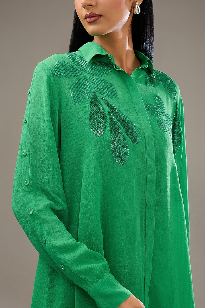 Green Georgette Hand & Machine Embellished Shirt by Namrata Joshipura at Pernia's Pop Up Shop