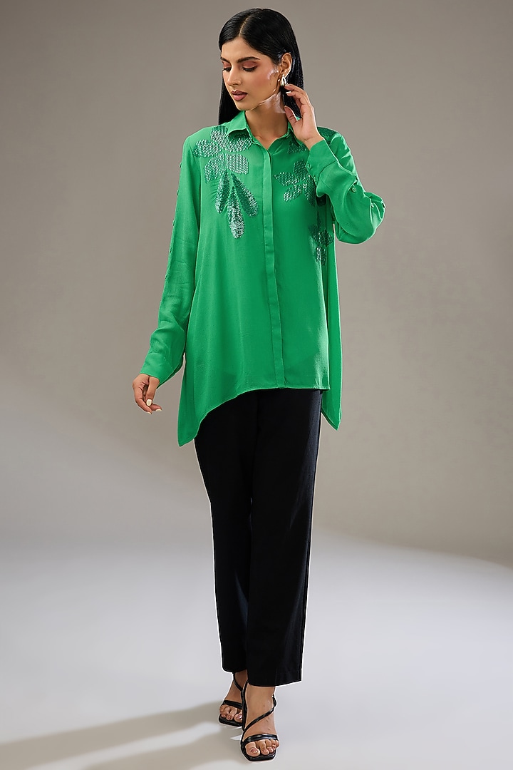 Green Georgette Hand & Machine Embellished Shirt by Namrata Joshipura at Pernia's Pop Up Shop
