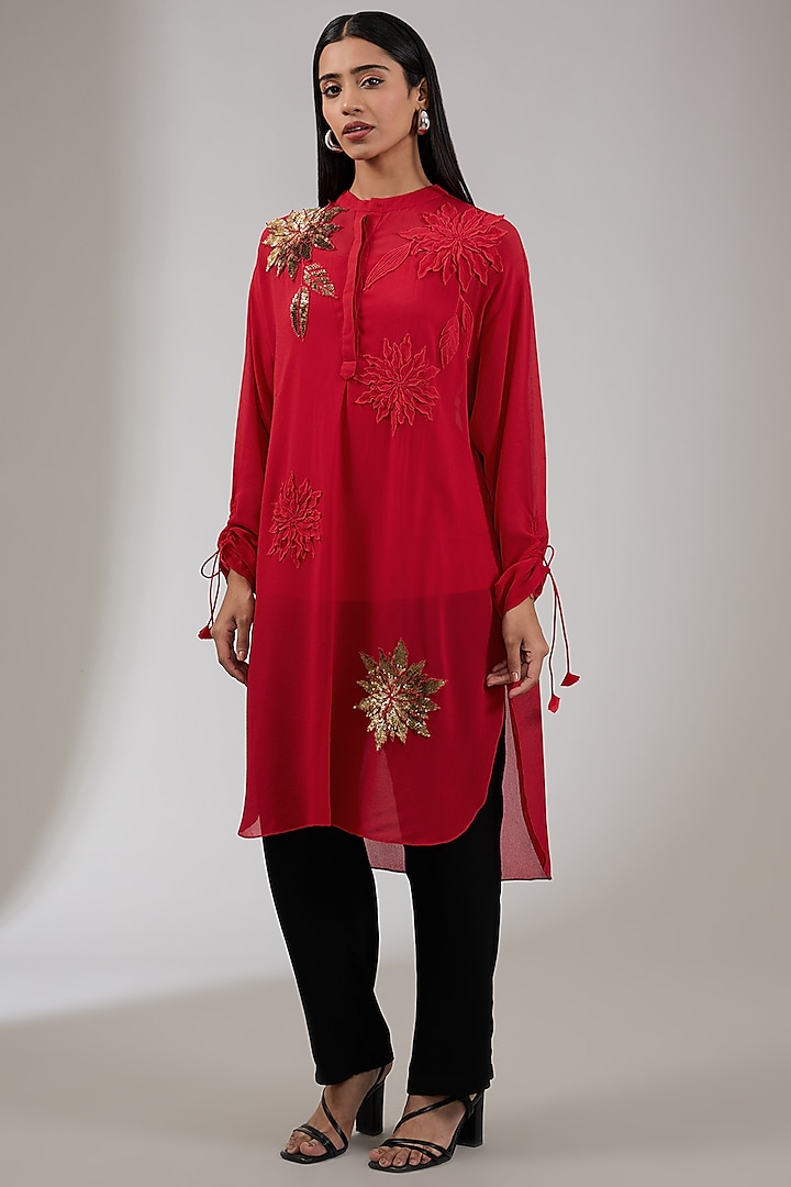 Crimson Georgette Floral Hand & Machine Embellished Tunic by Namrata Joshipura at Pernia's Pop Up Shop