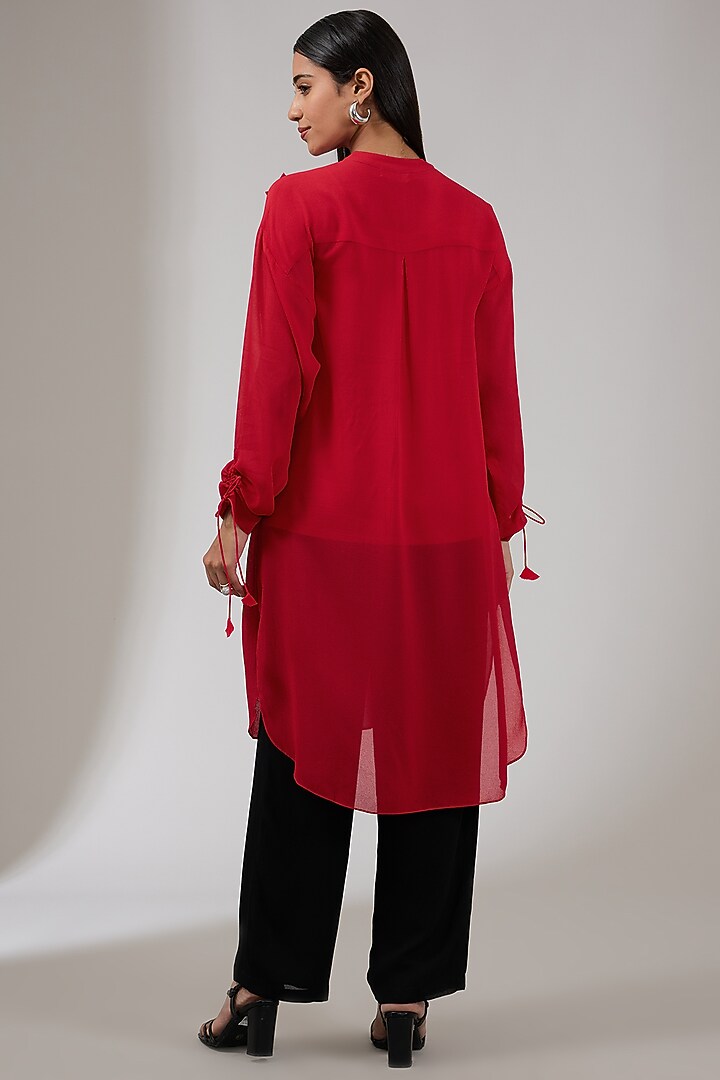 Crimson Georgette Floral Hand & Machine Embellished Tunic by Namrata Joshipura at Pernia's Pop Up Shop