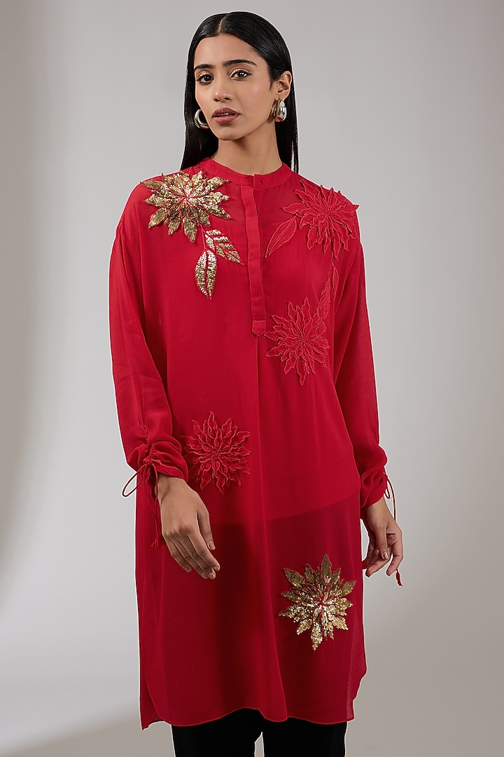 Crimson Georgette Floral Hand & Machine Embellished Tunic by Namrata Joshipura at Pernia's Pop Up Shop