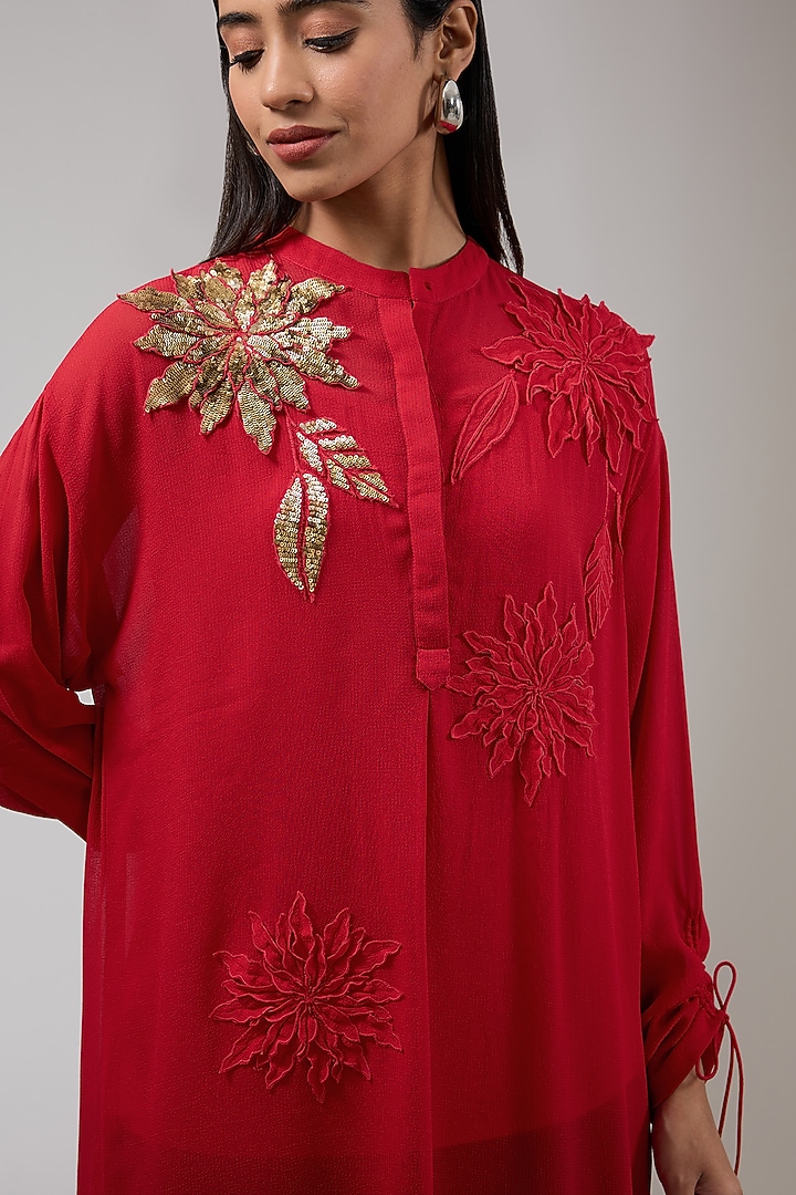 Crimson Georgette Floral Hand & Machine Embellished Tunic by Namrata Joshipura at Pernia's Pop Up Shop