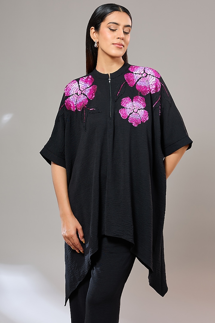 Charcoal Textured Crepe Floral Hand & Machine Embellished Shirt by Namrata Joshipura at Pernia's Pop Up Shop