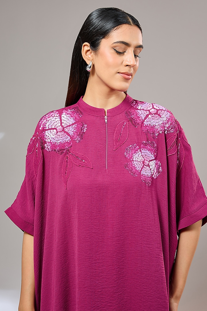 Ruby Textured Crepe Floral Hand & Machine Embellished Shirt by Namrata Joshipura at Pernia's Pop Up Shop