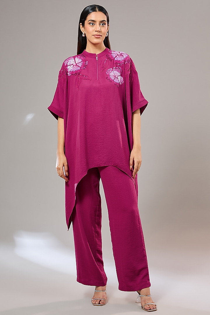 Ruby Textured Crepe Floral Hand & Machine Embellished Shirt by Namrata Joshipura at Pernia's Pop Up Shop