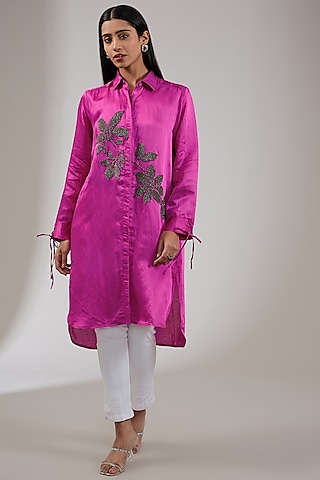 Ruby Satin Linen Floral Hand & Machine Embellished Tunic by Namrata Joshipura