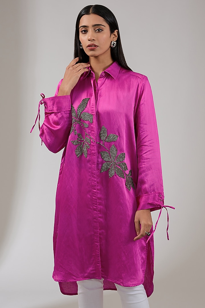 Ruby Satin Linen Floral Hand & Machine Embellished Tunic by Namrata Joshipura at Pernia's Pop Up Shop