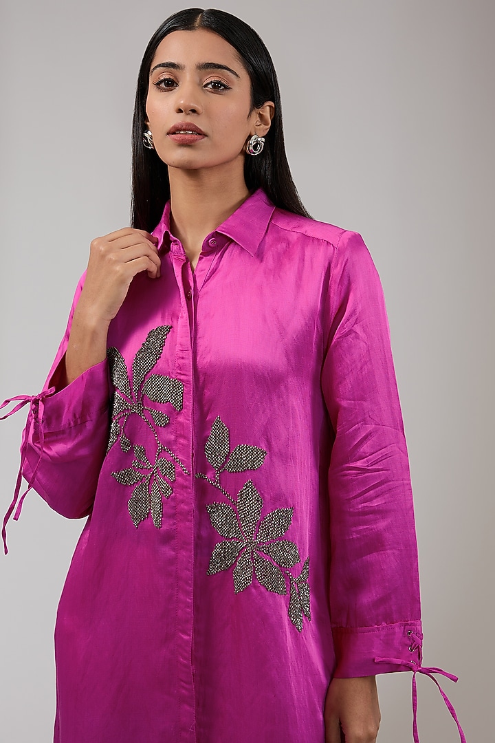 Ruby Satin Linen Floral Hand & Machine Embellished Tunic by Namrata Joshipura at Pernia's Pop Up Shop