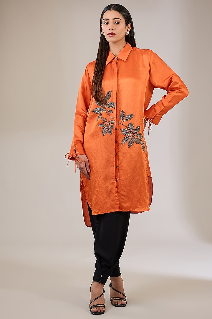 Rust Satin Linen Hand & Machine Embellished Shirt by Namrata Joshipura at Pernia's Pop Up Shop