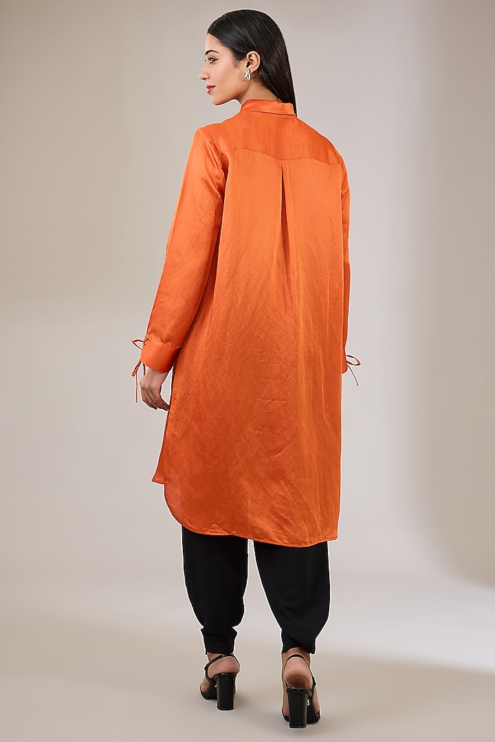 Rust Satin Linen Hand & Machine Embellished Shirt by Namrata Joshipura at Pernia's Pop Up Shop