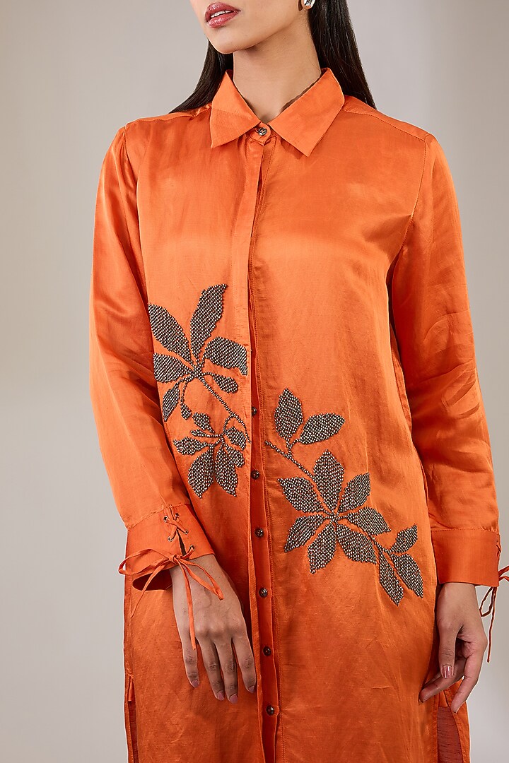 Rust Satin Linen Hand & Machine Embellished Shirt by Namrata Joshipura at Pernia's Pop Up Shop