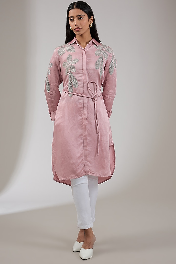 Petal Pink Satin Linen Floral Hand & Machine Embellished Tunic by Namrata Joshipura at Pernia's Pop Up Shop