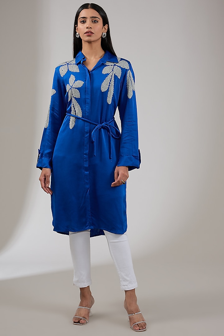 Neptune Satin Linen Floral Hand & Machine Embellished Tunic by Namrata Joshipura at Pernia's Pop Up Shop