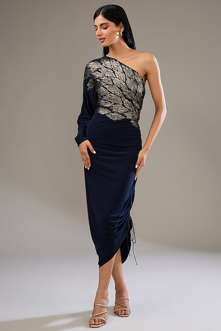 Navy Blue Jersey Hand & Machine Embellished Dress by Namrata Joshipura