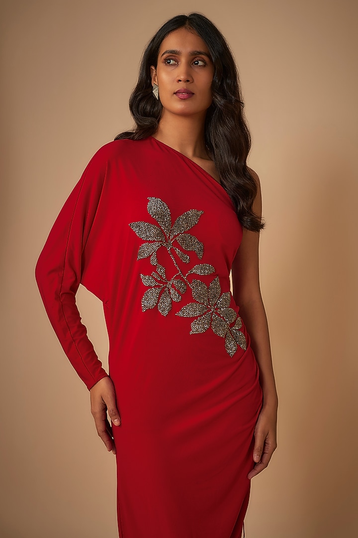 Red Jersey Midi Cocktail Dress by Namrata Joshipura at Pernia's Pop Up Shop