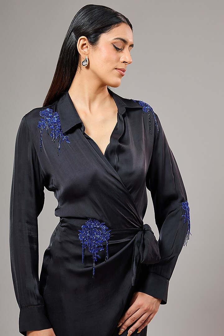 Charcoal Black Cupro Floral Hand & Machine Embellished Mini Vacation Dress by Namrata Joshipura at Pernia's Pop Up Shop