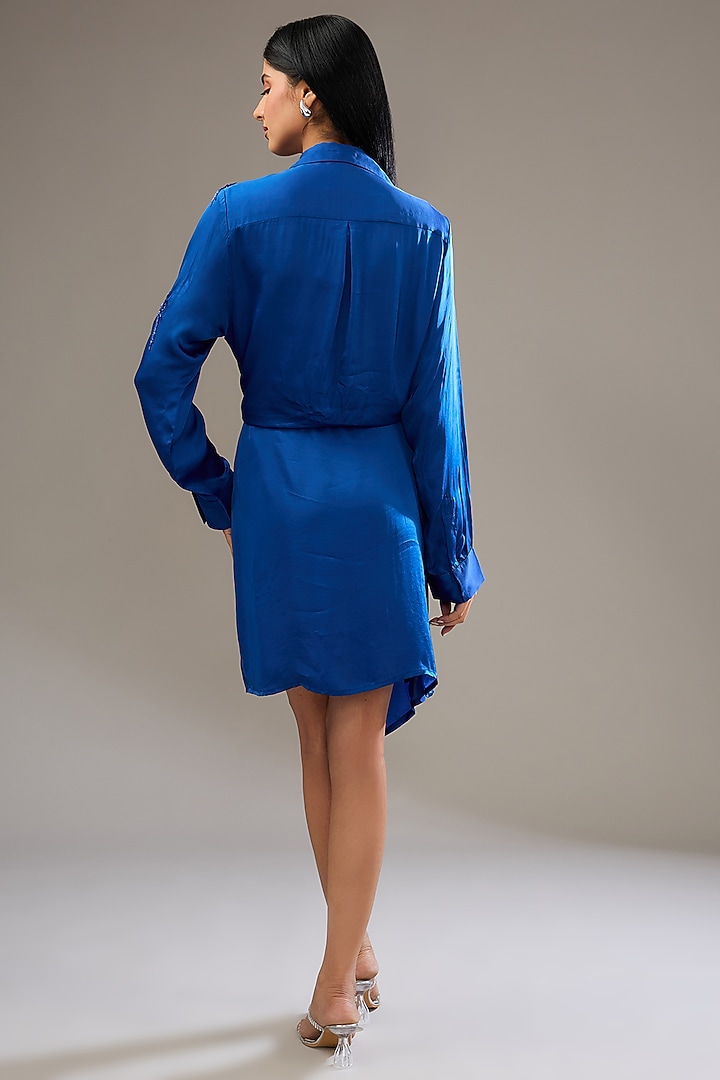 Neptune Blue Cupro Hand & Machine Embellished Mini Cocktail Dress by Namrata Joshipura at Pernia's Pop Up Shop