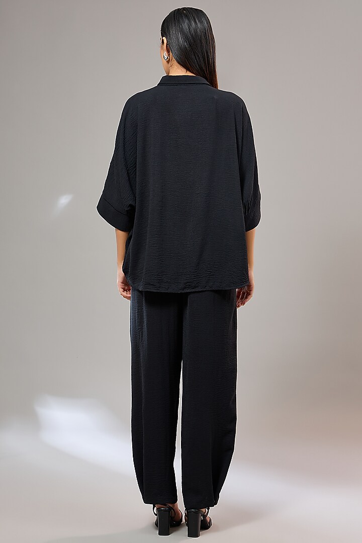 Charcoal Black Textured Crepe Floral Hand & Machine Embellished Co-Ord Set by Namrata Joshipura at Pernia's Pop Up Shop