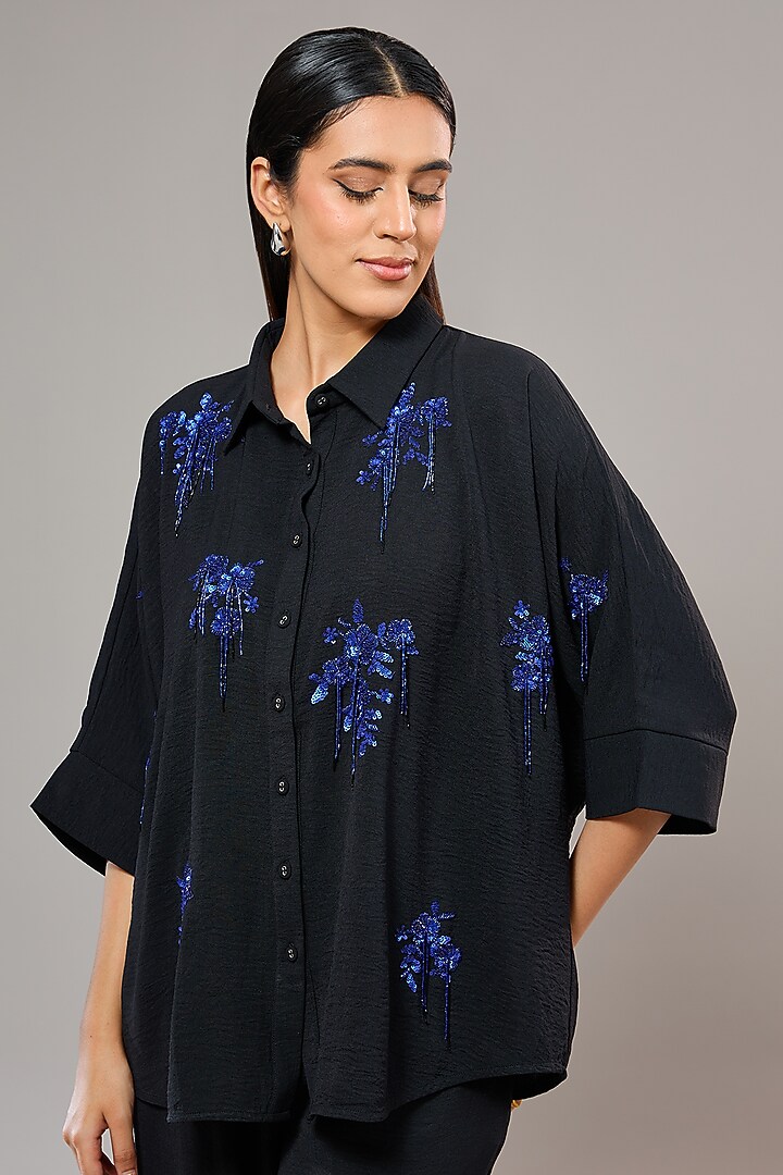 Charcoal Black Textured Crepe Floral Hand & Machine Embellished Co-Ord Set by Namrata Joshipura at Pernia's Pop Up Shop
