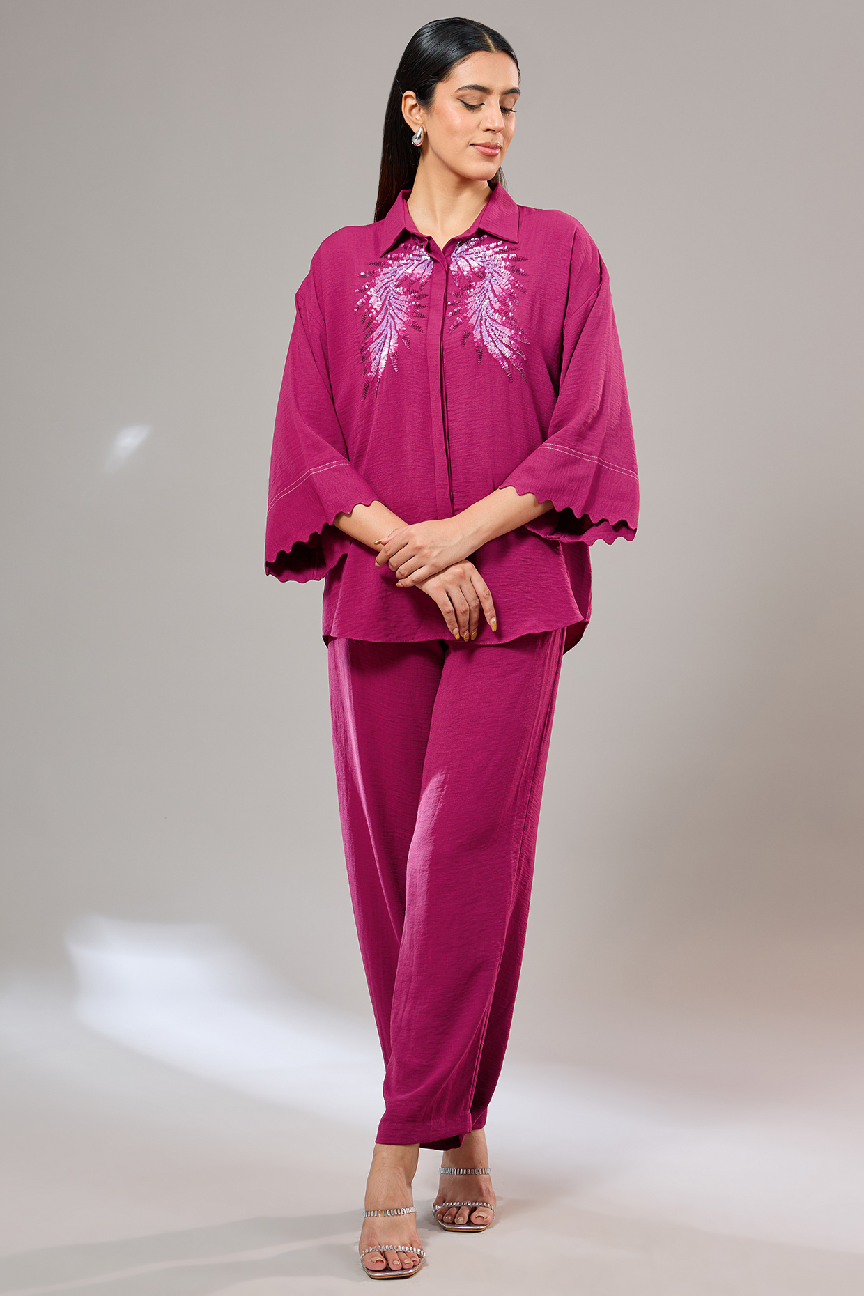 Ruby Textured Crepe Floral Hand & Machine Embellished Co-Ord Set by Namrata Joshipura at Pernia's Pop Up Shop
