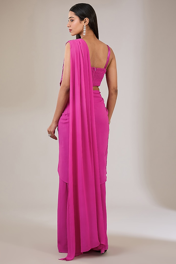 Ruby Pink Georgette Hand & Machine Embellished Wedding Saree Set by Namrata Joshipura at Pernia's Pop Up Shop