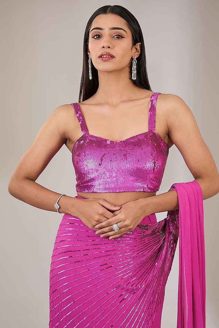 Ruby Pink Georgette Hand & Machine Embellished Wedding Saree Set by Namrata Joshipura at Pernia's Pop Up Shop