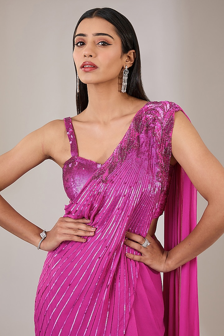 Ruby Pink Georgette Hand & Machine Embellished Wedding Saree Set by Namrata Joshipura at Pernia's Pop Up Shop