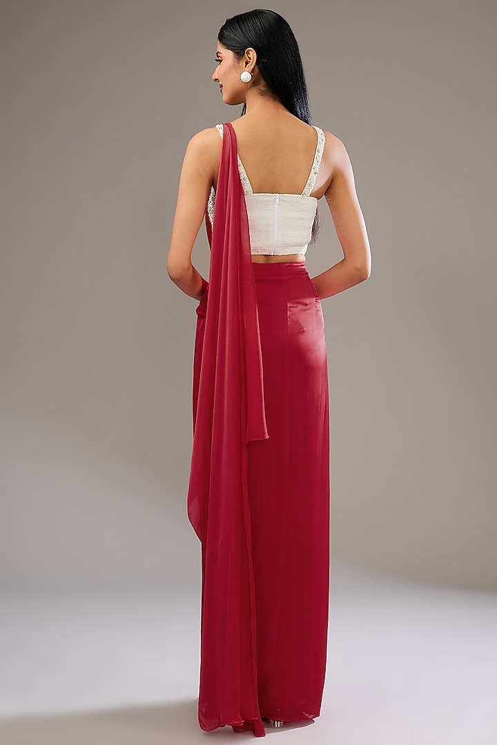 Red Satin Crepe Hand & Machine Embellished Wedding Saree Set by Namrata Joshipura at Pernia's Pop Up Shop