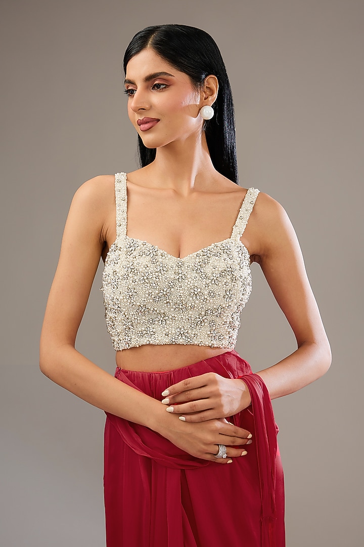 Red Satin Crepe Hand & Machine Embellished Wedding Saree Set by Namrata Joshipura at Pernia's Pop Up Shop
