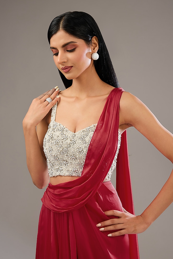 Red Satin Crepe Hand & Machine Embellished Wedding Saree Set by Namrata Joshipura at Pernia's Pop Up Shop