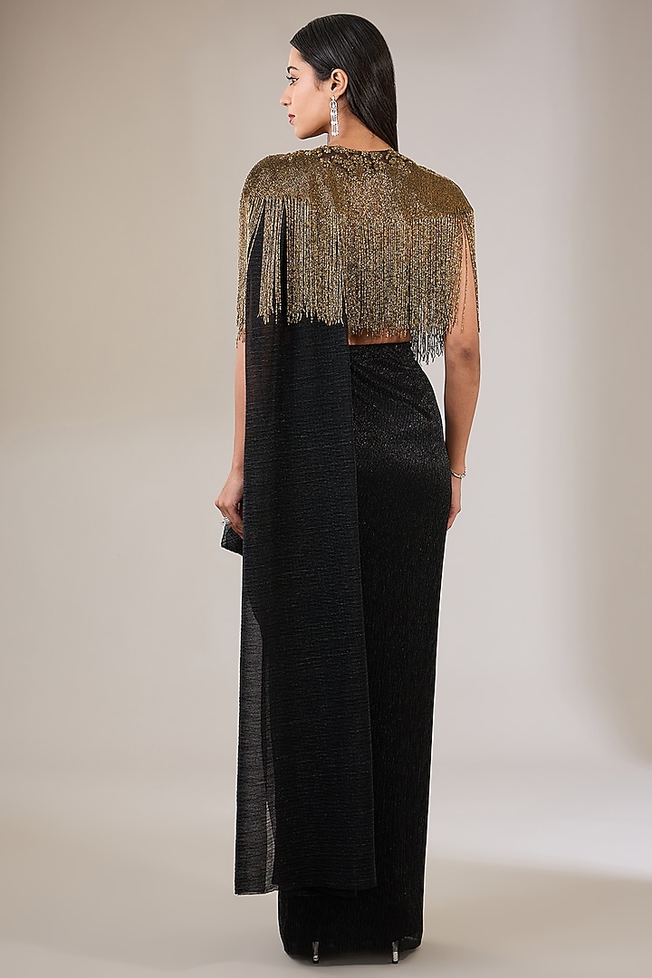Black & Gold Shimmer Crepe Embellished Jacket Reception Saree Set by Namrata Joshipura at Pernia's Pop Up Shop