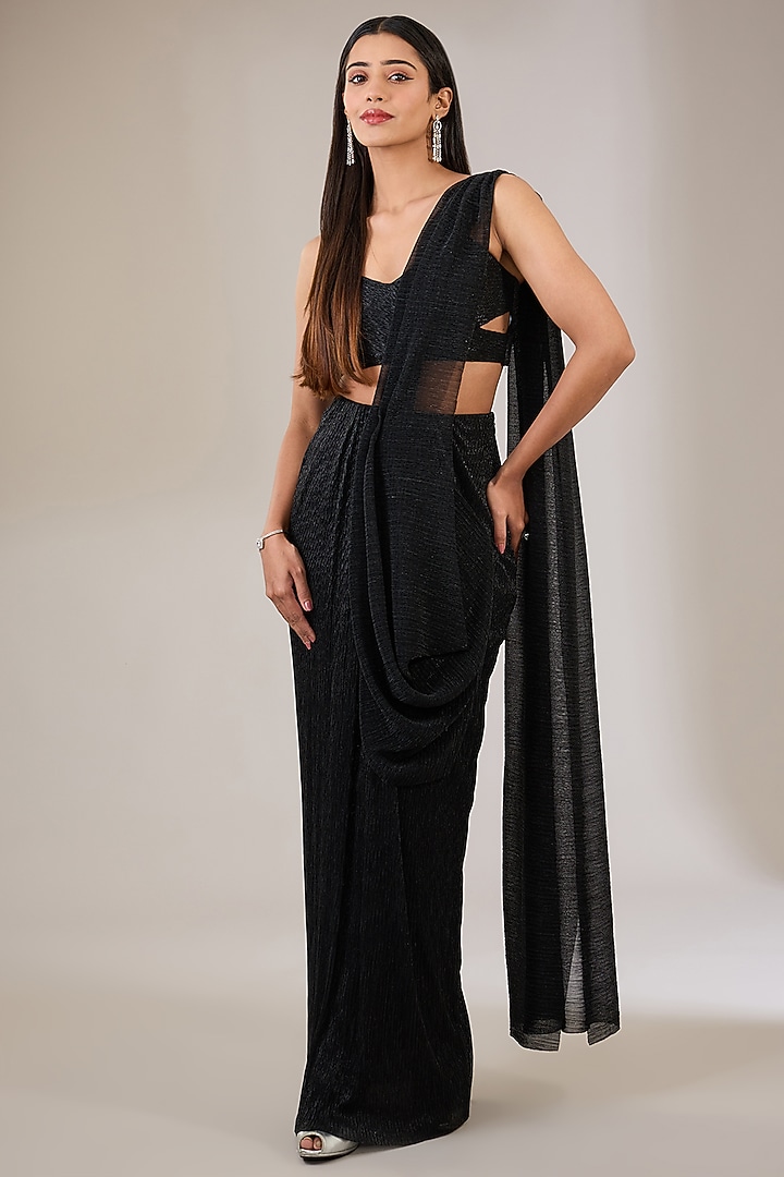 Black & Gold Shimmer Crepe Embellished Jacket Reception Saree Set by Namrata Joshipura at Pernia's Pop Up Shop