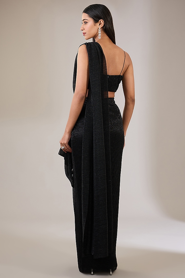 Black & Gold Shimmer Crepe Embellished Jacket Reception Saree Set by Namrata Joshipura at Pernia's Pop Up Shop