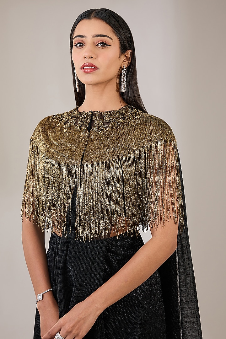 Black & Gold Shimmer Crepe Embellished Jacket Reception Saree Set by Namrata Joshipura at Pernia's Pop Up Shop