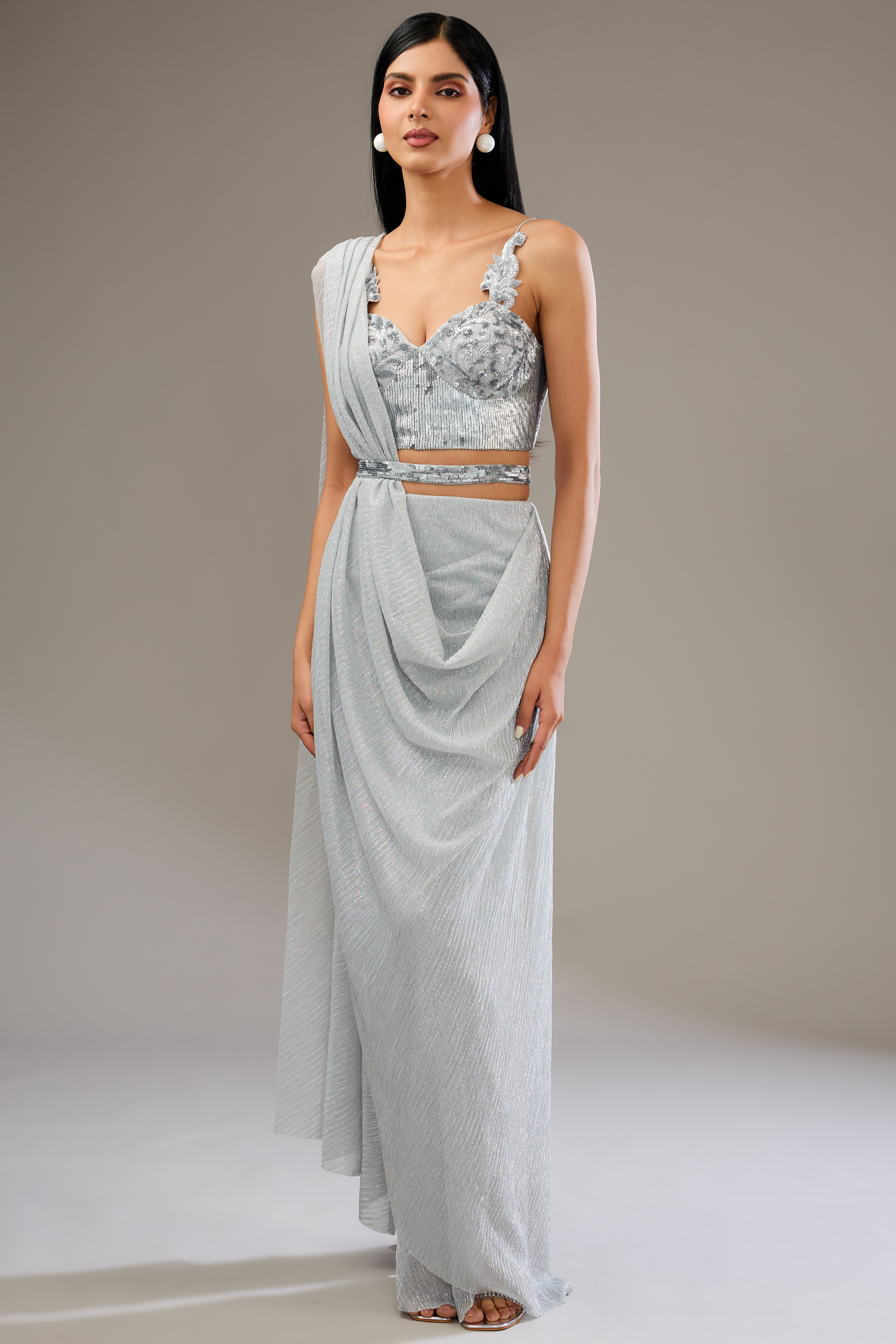 Silver Shimmer Crepe Wedding Saree Set by Namrata Joshipura at Pernia's Pop Up Shop