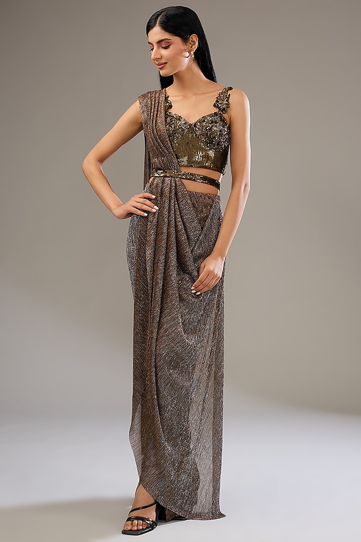 Copper Shimmer Crepe Saree Set by Namrata Joshipura at Pernia's Pop Up Shop