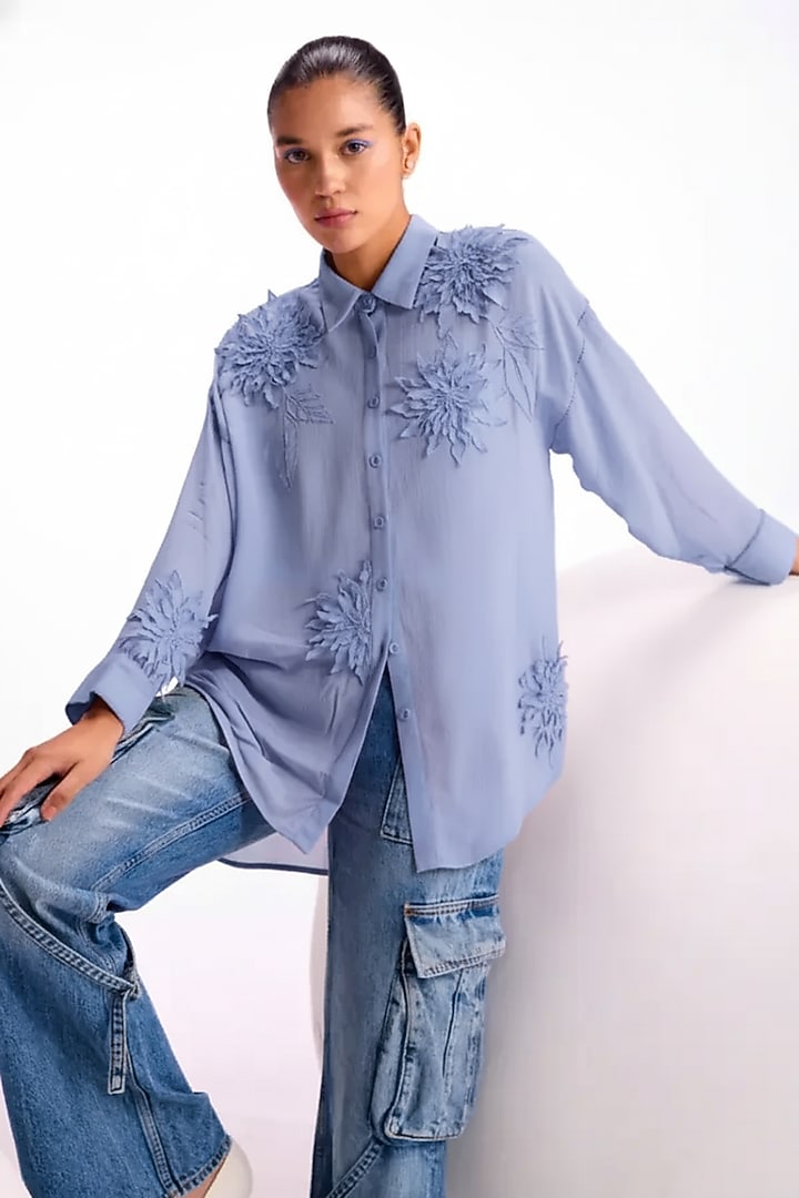Lavender Georgette Floral Embellished Boxy Shirt by Namrata Joshipura at Pernia's Pop Up Shop