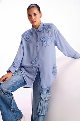 Lavender Georgette Floral Embellished Boxy Shirt by Namrata Joshipura