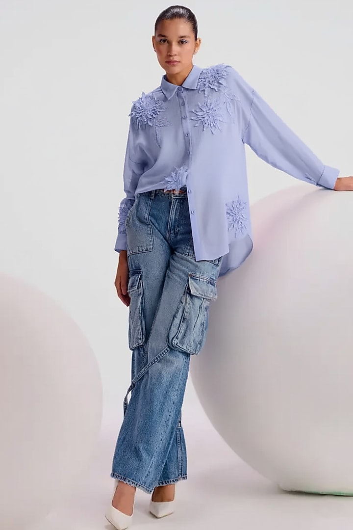 Lavender Georgette Floral Embellished Boxy Shirt by Namrata Joshipura at Pernia's Pop Up Shop