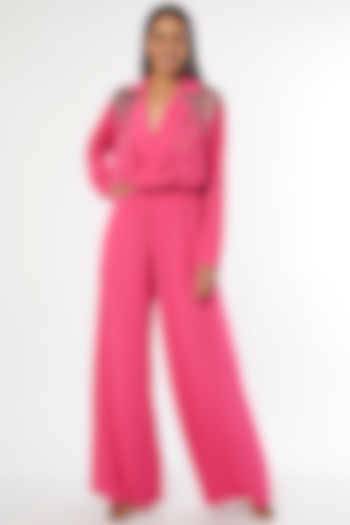 Hot Pink Crepe Embellished Jumpsuit by Namrata Joshipura