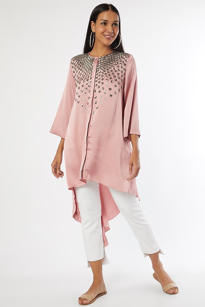 Onion Pink Satin Embellished Tunic by Namrata Joshipura