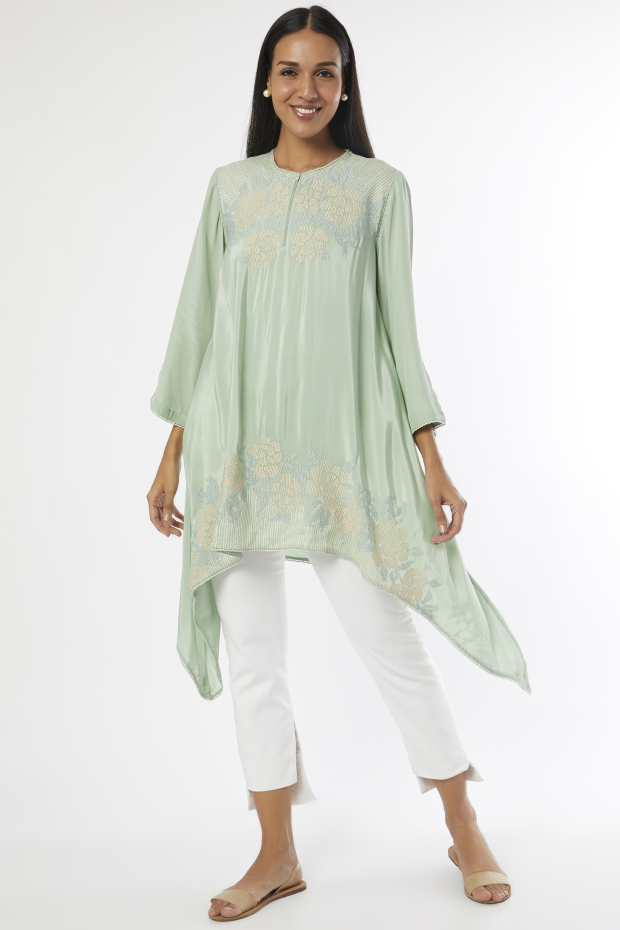 Jade Crepe Floral Embellished Tunic by Namrata Joshipura