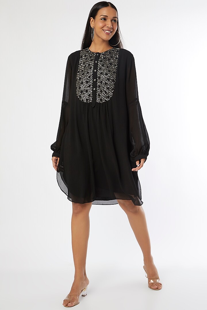Black Georgette Embellished Dress by Namrata Joshipura