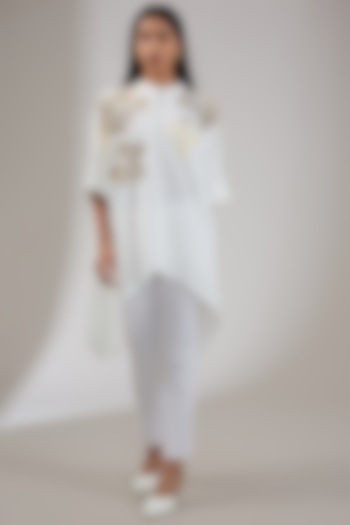 Ivory Textured Crepe Floral Hand & Machine Embellished Asymmetric Tunic by Namrata Joshipura at Pernia's Pop Up Shop