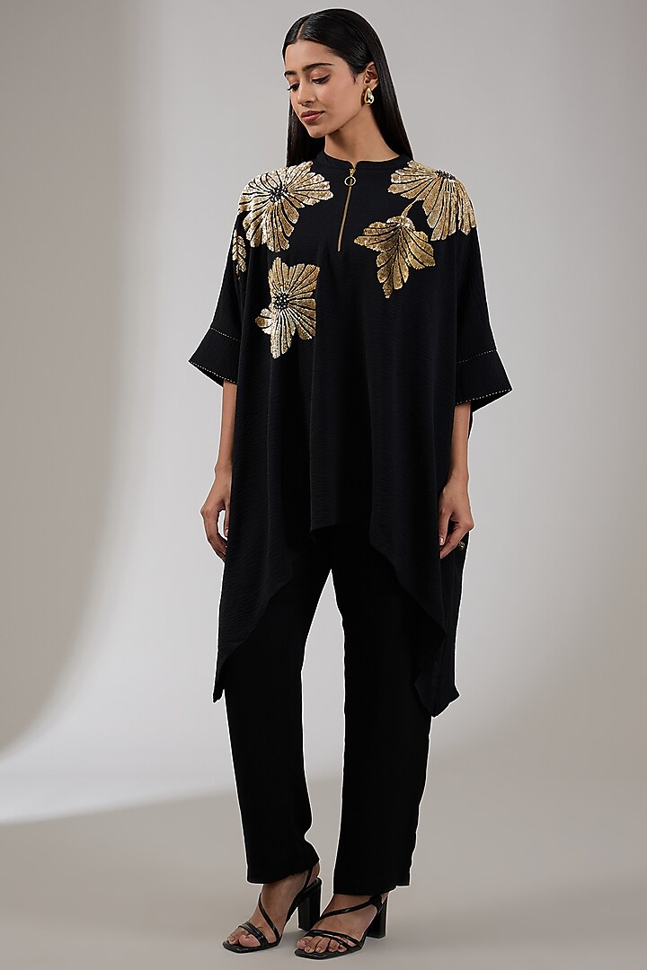 Black Textured Crepe Floral Hand & Machine Embellished Asymmetric Tunic by Namrata Joshipura at Pernia's Pop Up Shop